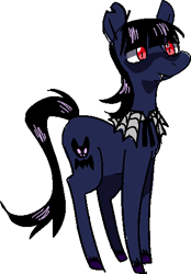 Size: 352x506 | Tagged: safe, artist:/d/non, derpibooru import, oc, oc only, oc:mercury mine, earth pony, bangs, black hair, blue fur, collar, cutie mark, fangs, female, goth, mare, red eyes, ribbon, simple background, solo, torn ear, unshorn fetlocks, white background