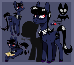 Size: 1068x934 | Tagged: safe, artist:/d/non, derpibooru import, oc, oc:mercury mine, earth pony, bangs, black hair, blue fur, book, collar, cutie mark, fangs, female, goth, looking away, looking up, lying down, mare, red eyes, reference sheet, ribbon, simple background, torn ear, unshorn fetlocks