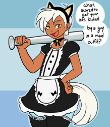 Size: 1546x1772 | Tagged: safe, artist:/d/non, derpibooru import, oc, oc only, oc:snapshot, hybrid, satyr, apron, baseball bat, blue fur, cat ears, clothes, collar, crossdressing, fake ears, golden eyes, hand on hip, maid, male, open mouth, parent:photo finish, simple background, socks, speech bubble, thigh highs, white hair