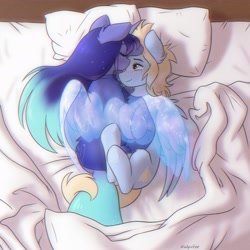 Size: 2776x2776 | Tagged: safe, artist:katputze, derpibooru import, oc, oc only, oc:asteria, oc:blue skies, pegasus, pony, unicorn, artificial wings, augmented, bed, chromatic aberration, commission, female, forehead kiss, high res, in bed, intertwined tails, kissing, magic, magic wings, male, mare, oc x oc, overhead view, shipping, stallion, straight, tail, wings