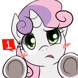 Size: 1000x1000 | Tagged: safe, artist:maren, derpibooru import, sweetie belle, pony, unicorn, 2013, blush sticker, blushing, bust, female, filly, foal, fourth wall, looking at you, notification, old art, portrait, simple background, solo, white background