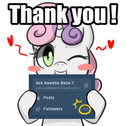 Size: 1000x1000 | Tagged: safe, artist:maren, derpibooru import, sweetie belle, pony, unicorn, 2013, asksweetiebelle-kor, blush sticker, blushing, bust, female, filly, foal, followers, grin, heart, hoof hold, looking at you, old art, one eye closed, simple background, smiling, solo, tumblr, white background, wink