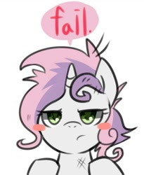 Size: 663x810 | Tagged: safe, artist:maren, derpibooru import, sweetie belle, pony, unicorn, 2013, blush sticker, blushing, bust, fail, female, filly, foal, looking at you, messy mane, old art, portrait, simple background, solo, speech bubble, sweetie fail, unamused, white background