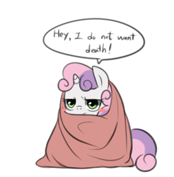 Size: 1456x1480 | Tagged: safe, artist:maren, derpibooru import, sweetie belle, pony, unicorn, 2013, blanket, blush sticker, blushing, cute, female, filly, foal, old art, simple background, solo, speech bubble, unamused, white background, wrapped up
