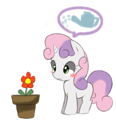Size: 1245x1313 | Tagged: safe, artist:maren, derpibooru import, sweetie belle, pony, unicorn, 2013, blush sticker, blushing, female, filly, flower, flower pot, foal, frown, old art, pictogram, simple background, solo, watering can, white background