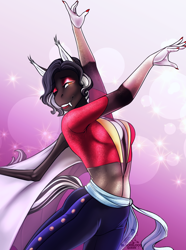 Size: 3200x4300 | Tagged: safe, artist:blackblood-queen, oc, oc only, oc:damion bates, anthro, bat pony, unguligrade anthro, bat pony oc, breasts, clothes, commission, dancing, digital art, fangs, female, lipstick, makeup, mare, one eye closed, rule 63, sharp nails, smiling, solo, wink