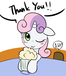 Size: 1240x1428 | Tagged: safe, artist:maren, derpibooru import, button mash, sweetie belle, earth pony, pony, unicorn, 2013, bits, blush sticker, blushing, cute, diasweetes, ears, female, filly, floppy ears, foal, milkshake, milkshake ponies, offscreen character, old art, one eye closed, simple background, solo, straw, table, thank you, white background