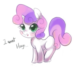 Size: 600x534 | Tagged: safe, artist:maren, derpibooru import, sweetie belle, pony, unicorn, 2013, blushing, bronybait, cute, dialogue, diasweetes, female, filly, foal, hug request, looking at you, old art, simple background, solo, talking to viewer, white background
