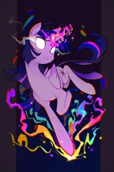 Size: 1490x2246 | Tagged: safe, artist:千雲九枭, derpibooru import, twilight sparkle, twilight sparkle (alicorn), alicorn, pony, abstract background, chromatic aberration, female, film grain, folded wings, glowing, glowing eyes, glowing horn, horn, magic, mare, slim, solo, thin, wings