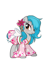 Size: 1832x2302 | Tagged: safe, artist:pandan009, derpibooru exclusive, derpibooru import, oc, oc only, oc:sweet elis, earth pony, blushing, clothes, derpibooru community collaboration, earth pony oc, flower, high res, kimono (clothing), long sleeves, ribbon, show accurate, simple background, smiling, solo, transparent background