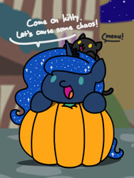 Size: 1350x1800 | Tagged: safe, artist:flutterluv, derpibooru import, princess luna, alicorn, cat, pony, chibi, dialogue, night, pumpkin, speech bubble