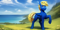 Size: 4096x2048 | Tagged: safe, derpibooru import, machine learning generated, oc, oc only, oc:thunder lightning, pegasus, pony, detailed background, male, ocean, scenery, solo, sternocleidomastoid, water