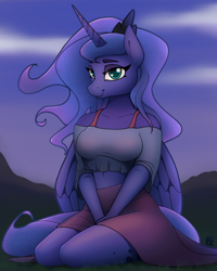 Size: 2000x2500 | Tagged: safe, artist:naen, derpibooru import, princess luna, alicorn, anthro, plantigrade anthro, bare shoulders, belly button, bra, breasts, clothes, cute, female, happy, looking at you, lunabetes, mare, midriff, off shoulder, princess balloona, scenery, shirt, sitting, skirt, smiling, solo, underwear