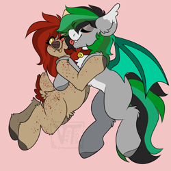 Size: 1500x1500 | Tagged: safe, artist:vashtwiist, derpibooru import, oc, oc:frieda, oc:geo, bat pony, deer, collar, licking, tongue, tongue out