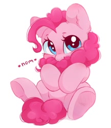 Size: 925x1064 | Tagged: safe, artist:melodylibris, derpibooru import, pinkie pie, earth pony, pony, biting, cute, diapinkes, female, looking at you, nom, pinkie being pinkie, simple background, sitting, solo, tail, tail bite, white background