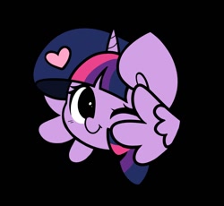 Size: 1398x1288 | Tagged: safe, alternate version, artist:kittyrosie, derpibooru import, twilight sparkle, twilight sparkle (alicorn), alicorn, pony, black background, floating heart, heart, one eye closed, simple background, wink