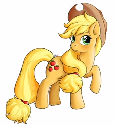 Size: 2981x3312 | Tagged: safe, artist:xxdarickxx, derpibooru import, applejack, earth pony, pony, eyelashes, female, hat, mare, raised hoof, raised leg, simple background, solo, white background