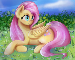 Size: 1024x820 | Tagged: safe, artist:xxdarickxx, derpibooru import, fluttershy, pegasus, pony, cute, daaaaaaaaaaaw, eyelashes, female, looking back, lying down, mare, outdoors, prone, shyabetes, signature, smiling, solo, wings