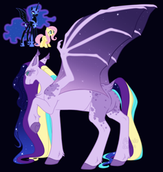 Size: 946x1000 | Tagged: safe, artist:purplegrim40, derpibooru import, fluttershy, nightmare moon, oc, alicorn, bat pony, pegasus, pony, bat pony oc, bat wings, black background, butt, colored hooves, dock, ethereal mane, female, hoof shoes, magical lesbian spawn, mare, offspring, parent:fluttershy, parent:nightmare moon, plot, raised hoof, raised leg, simple background, starry mane, tail, wings