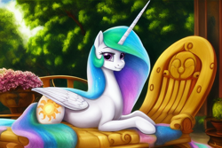 Size: 1920x1280 | Tagged: safe, derpibooru exclusive, derpibooru import, editor:dovakkins, generator:stable diffusion, machine learning generated, princess celestia, alicorn, pony, balcony, beautiful, cheeks, chubbylestia, cute, female, forest background, looking at you, lounge, lying down, mare, missing accessory, prone, smiling, smiling at you, solo, sparkly mane, sparkly tail, tail, wings