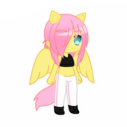 Size: 1280x1280 | Tagged: safe, derpibooru import, fluttershy, anthro, human, alternate universe, belly, binder, clothes, gacha, gacha club, gacha life, lgbt, lgbtq, male, pants, pony ears, simple background, solo, trans male, transgender, white background, wings