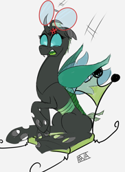 Size: 4000x5500 | Tagged: safe, artist:evan555alpha, oc, oc only, oc:yvette (evan555alpha), changeling, ladybug, evan's daily buggo ii, broach, changeling oc, colored sketch, dorsal fin, elytra, falling, fangs, female, furniture abuse, glasses, open mouth, round glasses, signature, simple background, sketch, solo, spread wings, surprised, white background, wide mouth