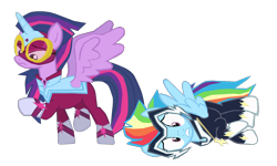 Size: 1280x769 | Tagged: safe, artist:benpictures1, masked matter-horn, rainbow dash, twilight sparkle, twilight sparkle (alicorn), zapp, alicorn, pegasus, pony, power ponies (episode), can't move, clothes, cute, dashabetes, duo, duo female, female, frozen in place, hairspray ray of doom, looking down, paralyzed, power ponies, raised hoof, raised leg, simple background, teeth, transparent background, twiabetes, twidash, vector
