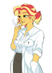 Size: 1336x1876 | Tagged: safe, artist:aztrial, derpibooru import, sunset shimmer, human, equestria girls, cigarette, clothes, ear piercing, earring, hair bun, jewelry, lab coat, messy hair, older, older sunset, pants, piercing, shirt, smoking, solo, tired