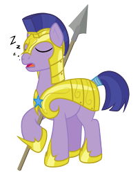 Size: 1361x1680 | Tagged: safe, artist:nitei, derpibooru import, earth pony, pony, armor, asleep on the job, eyes closed, lazy, male, onomatopoeia, open mouth, royal guard, royal guard armor, show accurate, simple background, sleeping, sleeping while standing, solo, sound effects, spear, stallion, standing, transparent background, weapon, zzz