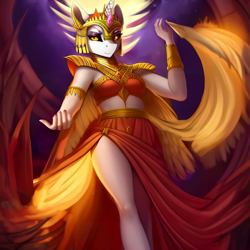 Size: 1673x1673 | Tagged: safe, derpibooru import, editor:mr-bat, generator:stable diffusion, machine learning generated, daybreaker, alicorn, anthro, unguligrade anthro, arms in the air, breasts, clothes, egyptian, egyptian headdress, fingers, fire, fishnets, gem, hand, jewelry, legs, looking at you, low angle, mane of fire, pony ears, smiling, smiling at you, tattoo, wings, wings down