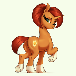 Size: 3030x3030 | Tagged: safe, artist:aquaticvibes, derpibooru import, stellar flare, pony, unicorn, butt, coat markings, female, high res, looking back, mare, plot, raised hoof, raised leg, simple background, smiling, smirk, socks (coat marking), solo, underhoof, white background