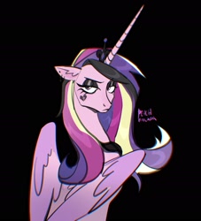 Size: 2119x2336 | Tagged: safe, artist:peachmichea, derpibooru import, princess cadance, alicorn, pony, black background, black eyeshadow, chromatic aberration, crown, dyed mane, emo, eyeshadow, female, folded wings, goth, jewelry, looking at you, looking back, looking back at you, makeup, mare, regalia, simple background, solo, wings