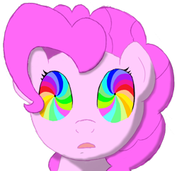 Size: 732x710 | Tagged: safe, artist:scootaloormayfly, derpibooru import, pinkie pie, earth pony, pony, d:, looking at you, open mouth, shrunken pupils, simple background, solo, swirly eyes, transparent background