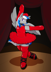 Size: 1053x1490 | Tagged: safe, artist:defilerzero, derpibooru import, oc, oc:lady lightning strike, pegasus, ballerina, clothes, collar, latex, solo, stage, stockings, thigh highs