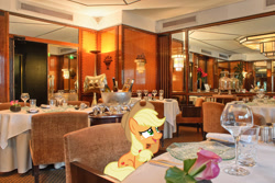 Size: 2048x1367 | Tagged: safe, artist:estories, artist:jaredking779, derpibooru import, edit, applejack, earth pony, pony, chair, cowboy hat, female, france, hat, irl, mare, open mouth, paris, photo, ponies in real life, restaurant, sitting, smiling, solo, stetson