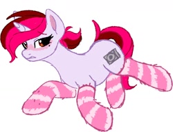 Size: 1456x1118 | Tagged: safe, artist:vetta, derpibooru exclusive, derpibooru import, oc, oc only, oc:vetta, unicorn, clothes, female, mare, simple background, socks, solo, striped socks, white background