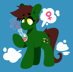 Size: 1610x1602 | Tagged: safe, artist:myahster, derpibooru import, oc, oc only, oc:howi, earth pony, commission, potion, rule 63, simple background