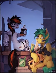 Size: 1418x1847 | Tagged: safe, artist:ramiras, derpibooru import, oc, oc only, oc:blackjack, bat pony, cyborg, pony, unicorn, fallout equestria, fallout equestria: project horizons, alcohol, bat pony oc, cybernetic legs, cyborg pony, duo, gun, horn, rifle, slim, small horn, thin, vss vintorez, weapon, whiskey