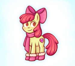 Size: 650x573 | Tagged: safe, artist:memethyst-art, derpibooru import, apple bloom, earth pony, pony, apple bloom's bow, boots, bow, clothes, female, filly, foal, hair bow, scarf, shoes, simple background, smiling, solo, white background