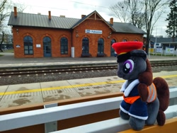 Size: 4000x3000 | Tagged: safe, derpibooru import, oc, oc:steel road, pony, brick, building, irl, pabianice, photo, plushie, poland, rail, railroad, safety vest, solo