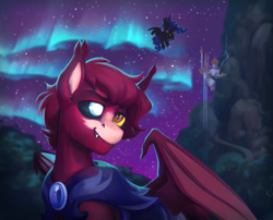 Size: 3100x2500 | Tagged: safe, artist:jewellier, derpibooru import, princess luna, oc, oc:arthur junior, alicorn, bat pony, pony, armor, aurora borealis, bat pony oc, bat wings, canterlot, duo, duo male and female, eyebrows, female, flying, high res, male, mare, mountain, night, night guard, night guard armor, partially open wings, smiling, stallion, starry sky, wings