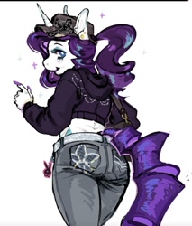 Size: 790x927 | Tagged: safe, artist:devilshotlunch, derpibooru import, rarity, anthro, unicorn, ass, baseball cap, butt, cap, clothes, denim, female, hat, hoodie, jeans, long nails, looking at you, looking back, looking back at you, mare, pants, ponytail, rearity, simple background, solo, white background