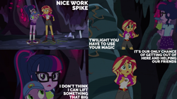 Size: 2000x1125 | Tagged: safe, derpibooru import, edit, edited screencap, editor:quoterific, screencap, sci-twi, spike, spike the regular dog, sunset shimmer, twilight sparkle, dog, equestria girls, legend of everfree, baseball cap, cap, female, glasses, grin, hat, male, open mouth, open smile, smiling, trio, unsure
