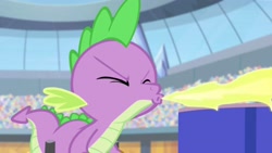 Size: 3787x2141 | Tagged: safe, derpibooru import, edit, edited screencap, screencap, spike, equestria games (episode), eyes closed, fire, fire breath, solo, torch