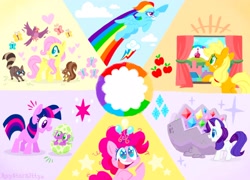 Size: 2308x1663 | Tagged: safe, artist:raystarkitty, derpibooru import, applejack, fluttershy, pinkie pie, rainbow dash, rarity, spike, twilight sparkle, bird, butterfly, earth pony, pegasus, pony, raccoon, squirrel, unicorn, the cutie mark chronicles, baby, baby spike, egg, female, filly, filly applejack, filly fluttershy, filly mane six, filly pinkie pie, filly rainbow dash, filly rarity, filly twilight sparkle, foal, geode, mane seven, mane six, open mouth, open smile, smiling, sonic rainboom, spike's egg, younger