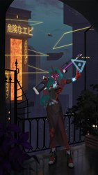 Size: 1694x3000 | Tagged: safe, artist:dogs, derpibooru exclusive, derpibooru import, oc, oc only, anthro, anthro oc, balcony, building, clothes, collage, cyberpunk, dress, gun, photoshop, rifle, scenery, weapon