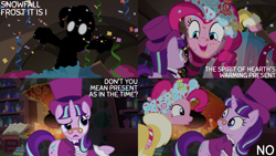 Size: 2000x1125 | Tagged: safe, derpibooru import, edit, edited screencap, editor:quoterific, screencap, pinkie pie, snowfall frost, starlight glimmer, earth pony, pony, unicorn, a hearth's warming tail, candy, clothes, confetti, confused, duo, duo female, female, food, glowing, glowing eyes, gritted teeth, hat, mare, open mouth, open smile, pinkie being pinkie, present, silhouette, smiling, spirit of hearth's warming presents, teeth