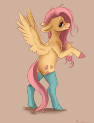 Size: 2312x3012 | Tagged: safe, artist:miokomata, derpibooru import, fluttershy, pegasus, pony, beige background, bipedal, blushing, chest fluff, clothes, colored hooves, cute, ears, female, floppy ears, freckles, freckleshy, high res, looking at you, looking sideways, mare, profile, shyabetes, side view, silly, simple background, smiling, smiling at you, socks, solo, spread wings, stockings, tongue, tongue out, wings