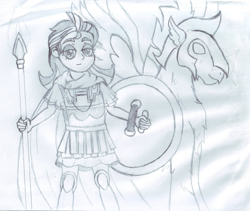 Size: 3000x2536 | Tagged: safe, artist:pokecure123, derpibooru import, zephyr, classical hippogriff, hippogriff, equestria girls, ancient greece, armor, background human, cape, clothes, hoplite, shield, spear, traditional art, weapon