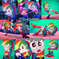 Size: 3072x3072 | Tagged: safe, derpibooru import, edit, edited screencap, editor:itsmgh1203, screencap, aqua blossom, blueberry cake, cloudy kicks, golden hazel, heath burns, indigo wreath, mystery mint, nolan north, rainbow dash, rose heart, scootaloo, sophisticata, sweet leaf, teddy t. touchdown, human, eqg summertime shorts, equestria girls, raise this roof, background human, bare shoulders, belt, boots, breakdancing, canterlot high, clothes, cutie mark, cutie mark on clothes, dancing, draw me like one of your french girls, dress, eyes closed, faic, fall formal outfits, female, fingerless gloves, gloves, male, night, open mouth, open smile, outfit, rainbow dash always dresses in style, rainbow dash is best facemaker, shoes, sleeveless, smiling, smirk, smug, smugdash, solo focus, speaker, strapless, suit, text